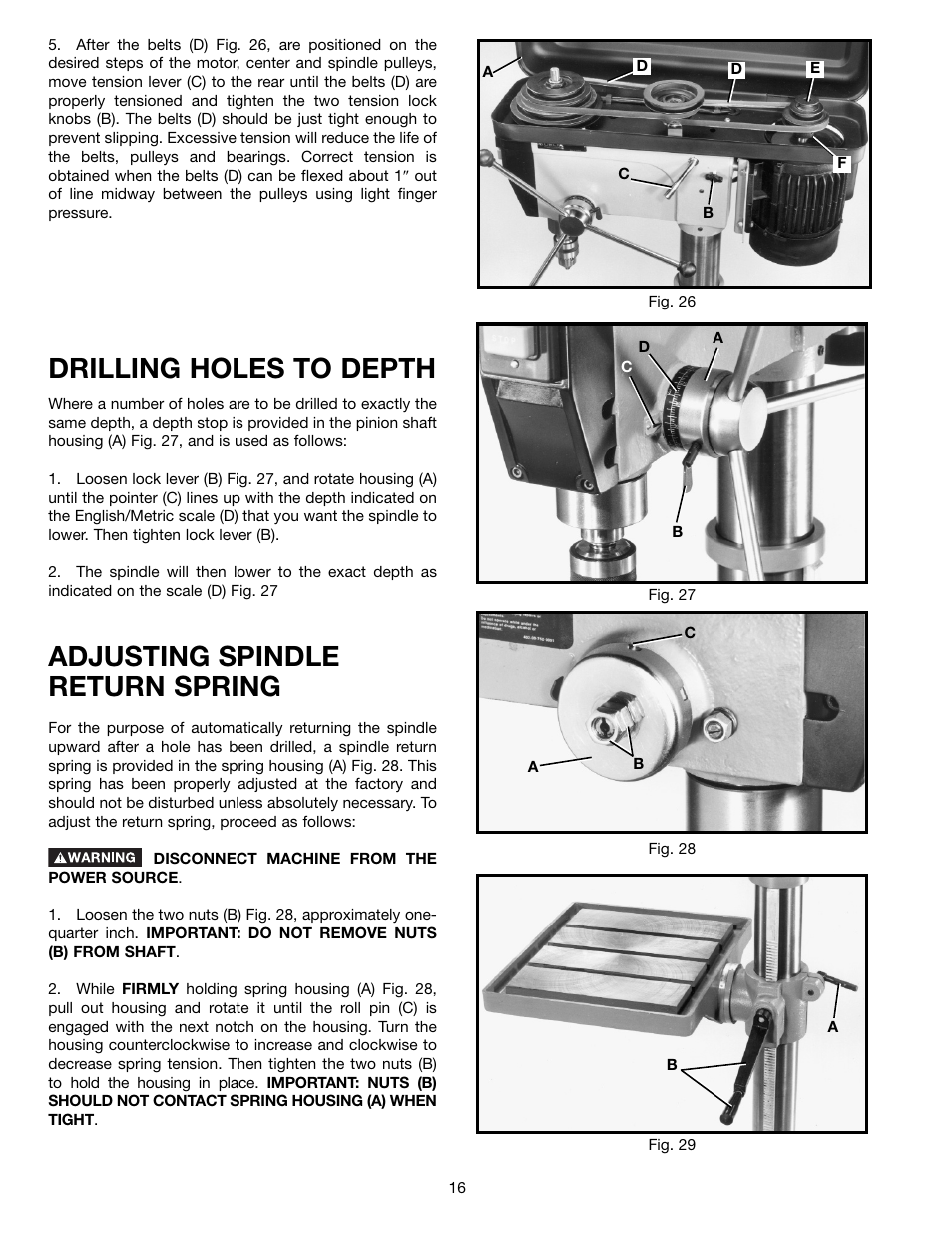 Drilling holes to depth, Adjusting spindle return spring | Porter-Cable 70-200 User Manual | Page 16 / 21