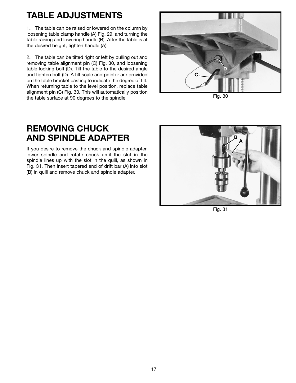 Table adjustments, Removing chuck and spindle adapter | Porter-Cable 70-200 User Manual | Page 17 / 21