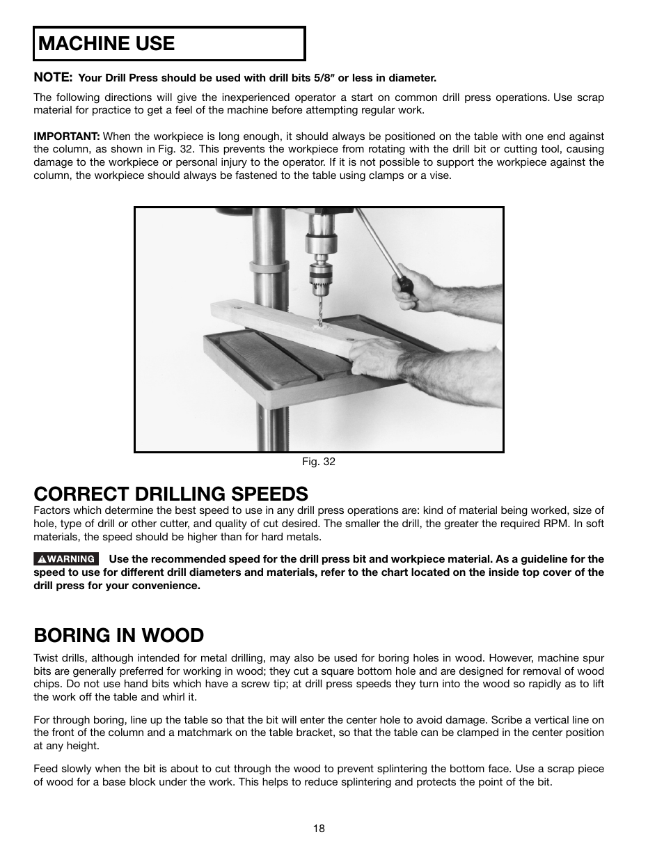 Boring in wood, Correct drilling speeds, Machine use | Porter-Cable 70-200 User Manual | Page 18 / 21