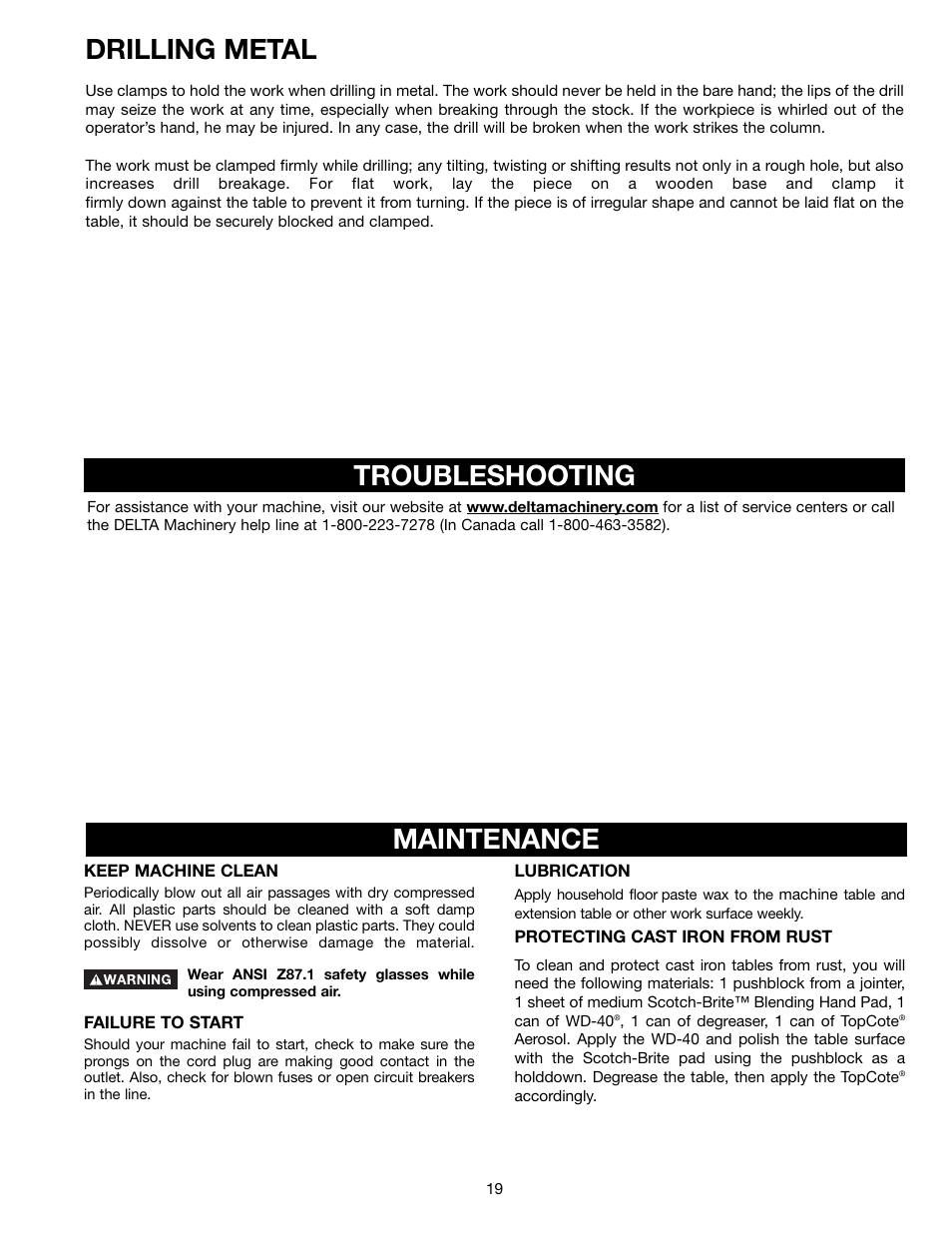 Drilling metal, Troubleshooting, Maintenance | Porter-Cable 70-200 User Manual | Page 19 / 21