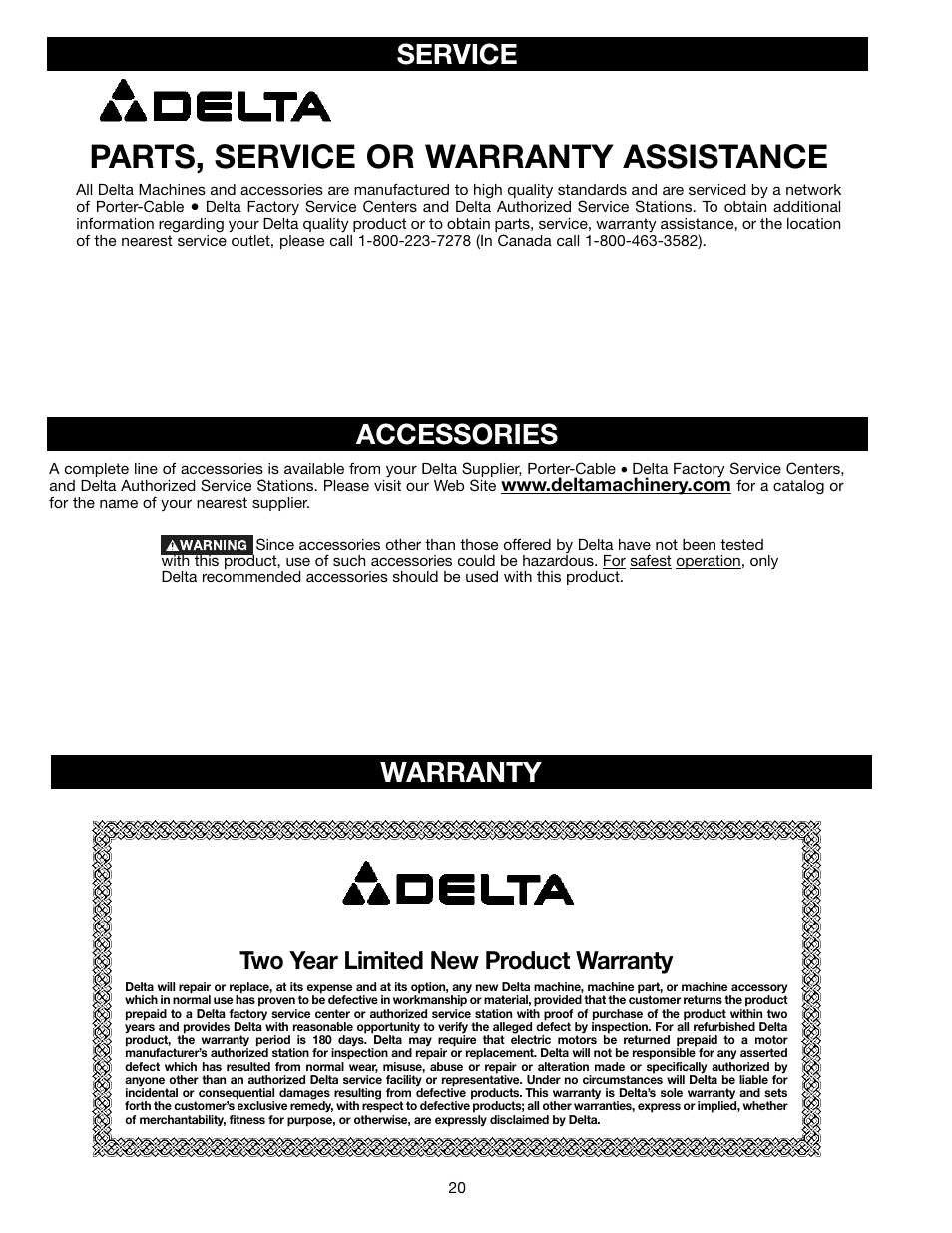 Parts, service or warranty assistance, Accessories, Service warranty | Two year limited new product warranty | Porter-Cable 70-200 User Manual | Page 20 / 21