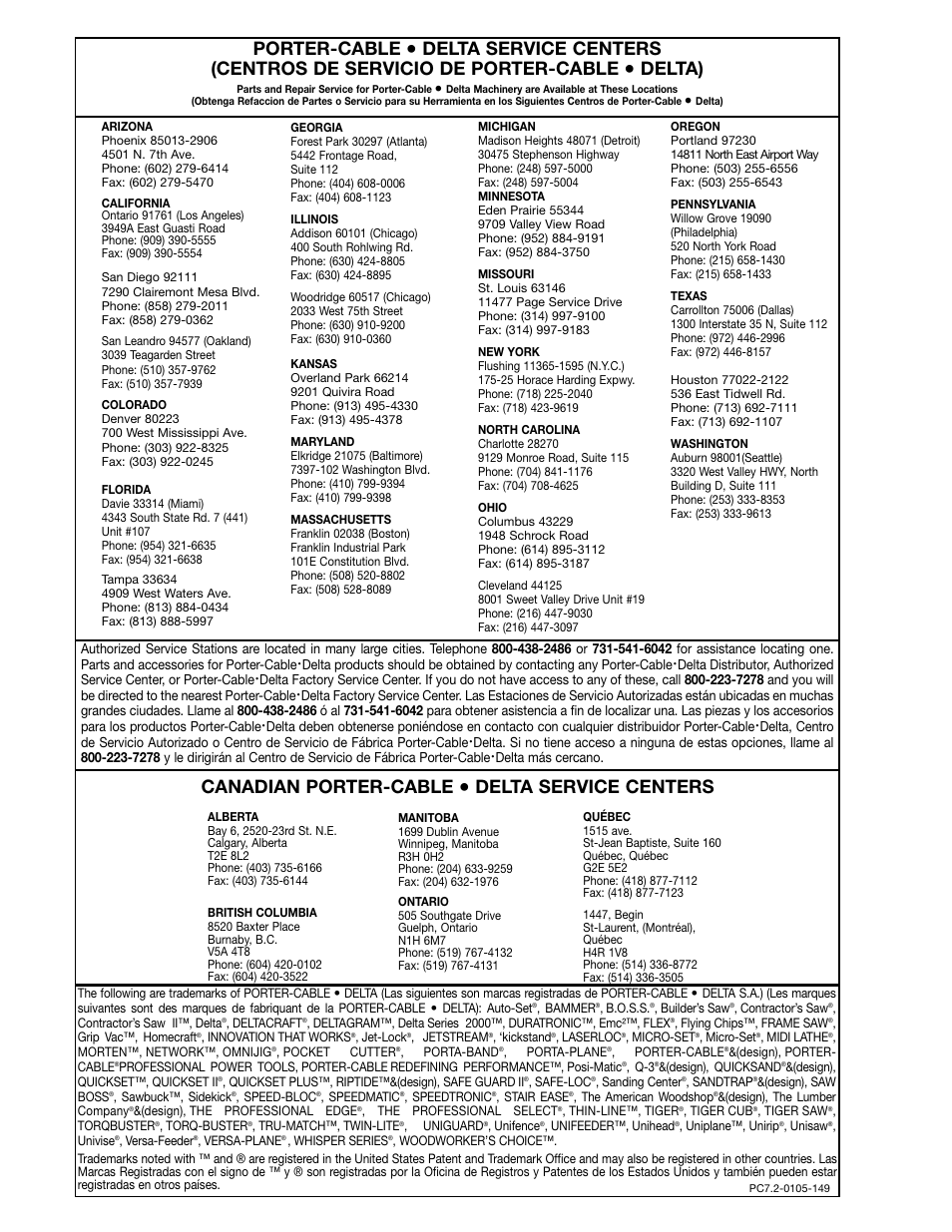 Porter-cable, Delta), Canadian porter-cable | Delta service centers | Porter-Cable 70-200 User Manual | Page 21 / 21