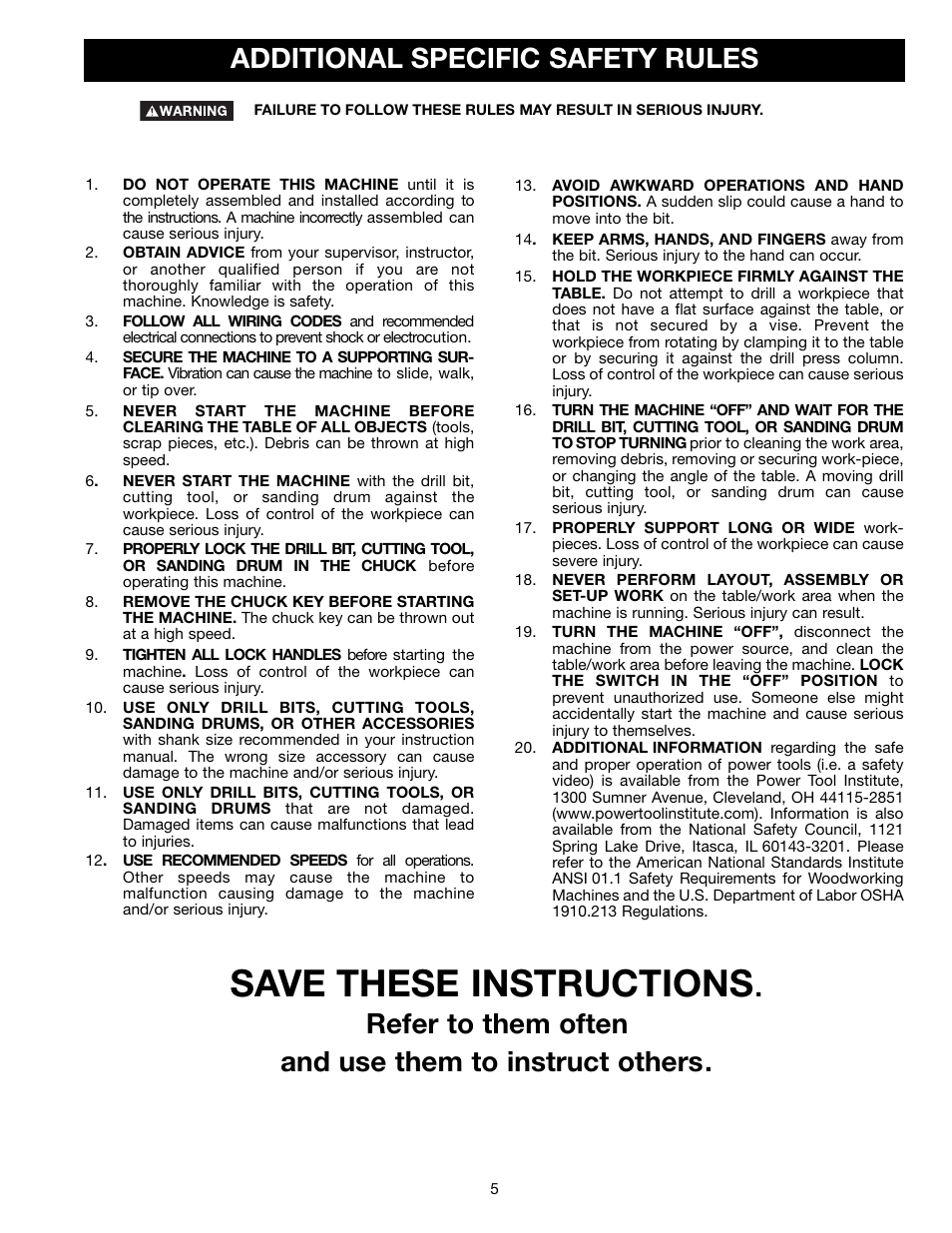 Save these instructions, Additional specific safety rules | Porter-Cable 70-200 User Manual | Page 5 / 21