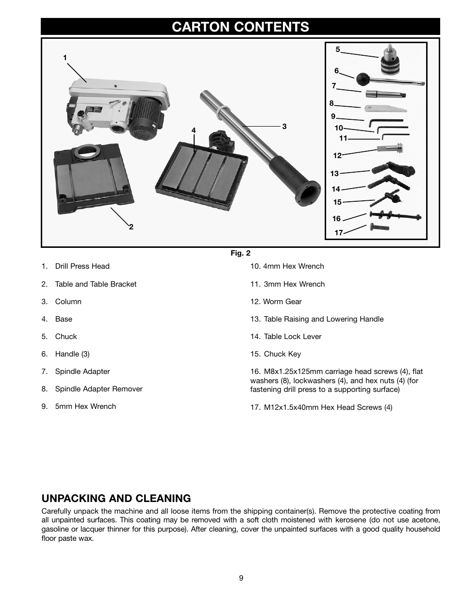 Carton contents, Unpacking and cleaning | Porter-Cable 70-200 User Manual | Page 9 / 21