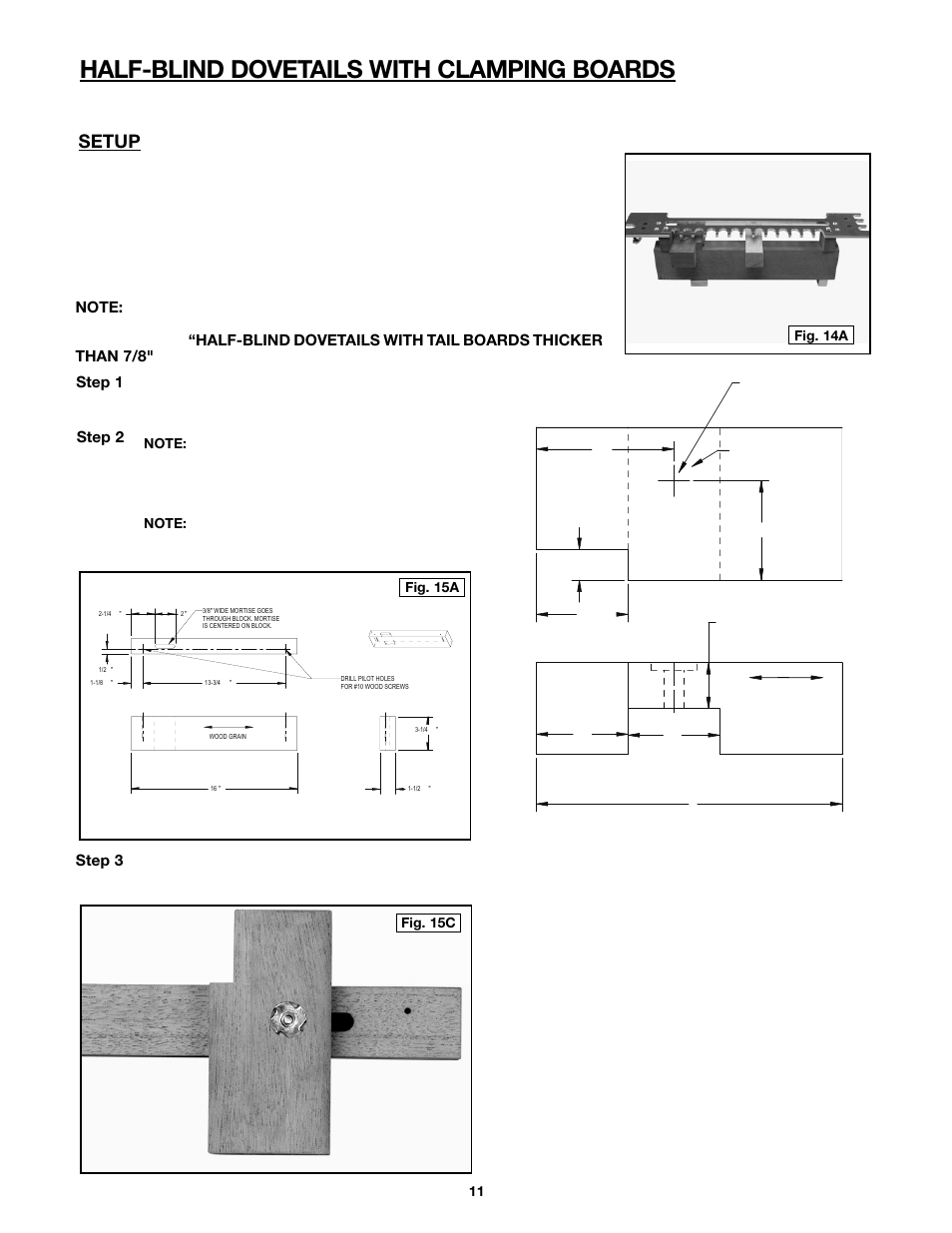 Half-blind dovetails with clamping boards, Setup, Step 1 - step 2 | Fig. 14a, Fig. 15c | Porter-Cable 4216 User Manual | Page 11 / 44