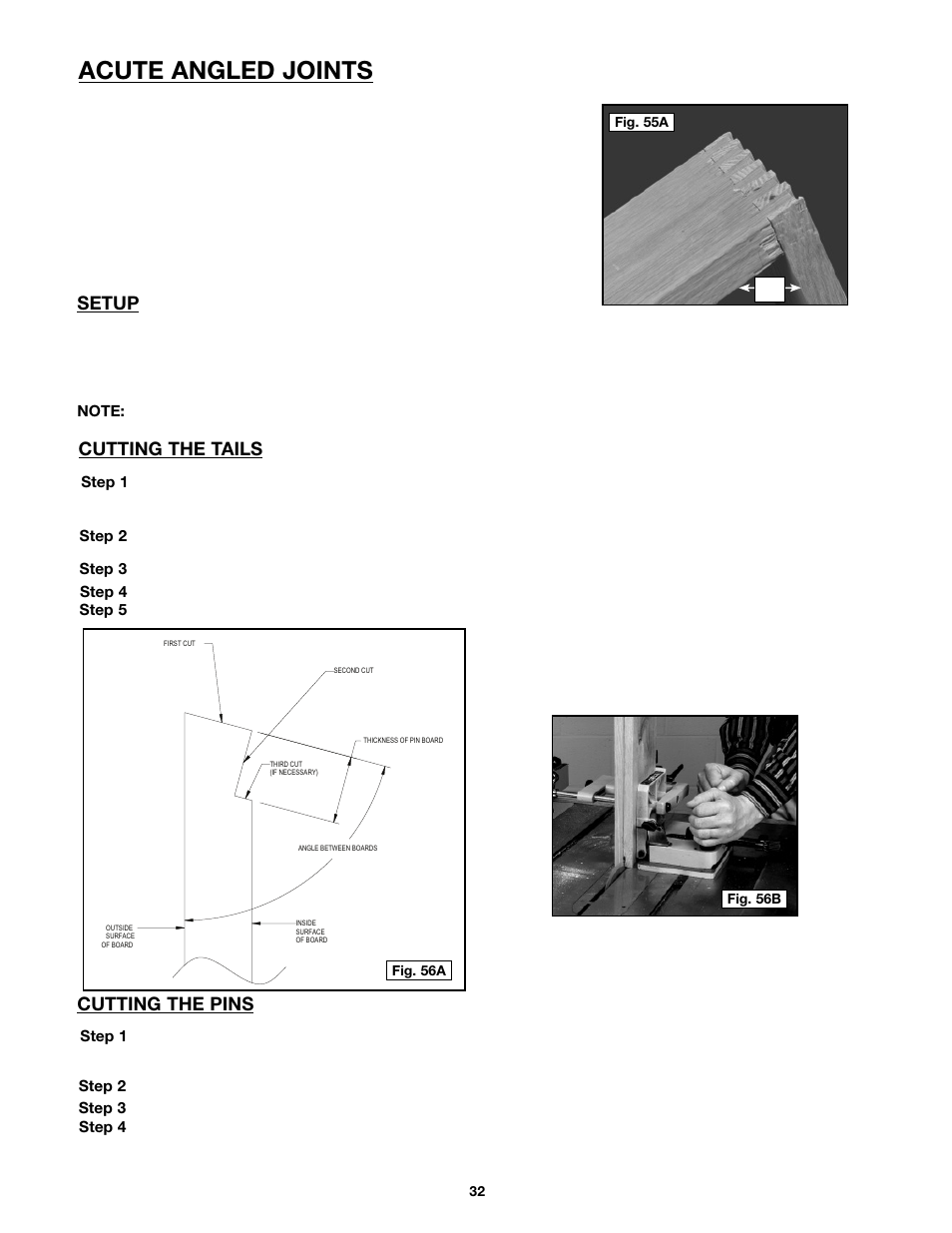 Acute angled joints, Cutting the pins, Setup | Cutting the tails | Porter-Cable 4216 User Manual | Page 32 / 44