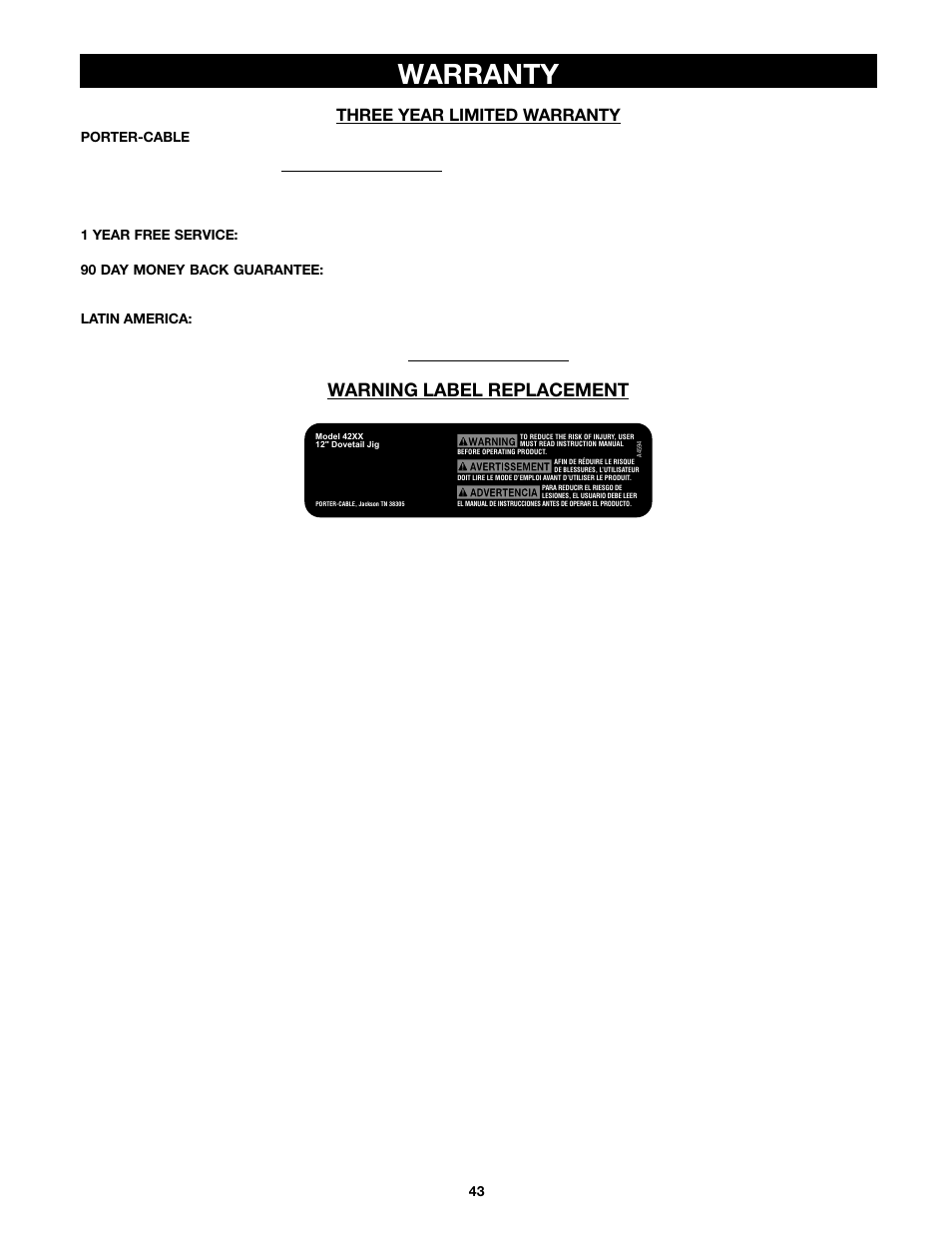 Warranty, Warning label replacement, Three year limited warranty | Porter-Cable 4216 User Manual | Page 43 / 44