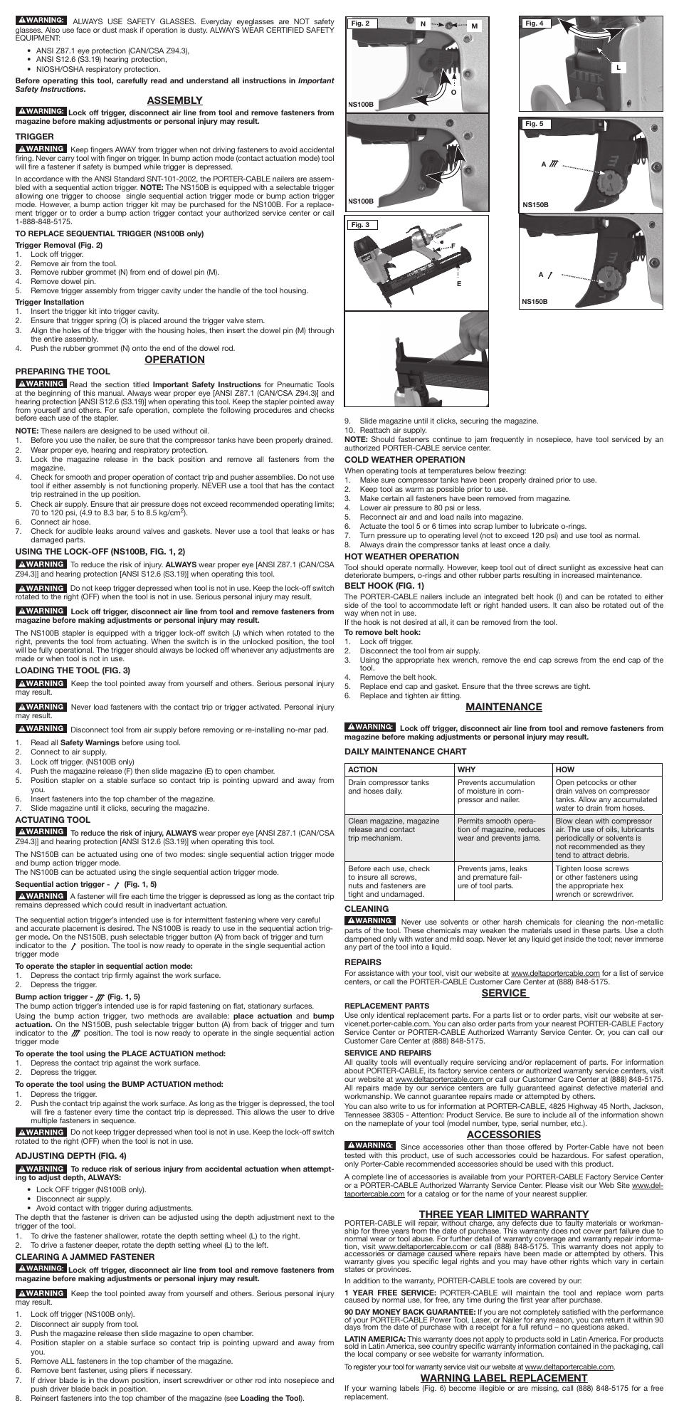 Assembly, Operation, Maintenance | Service, Accessories, Three year limited warranty, Warning label replacement | Porter-Cable NS100B User Manual | Page 3 / 7