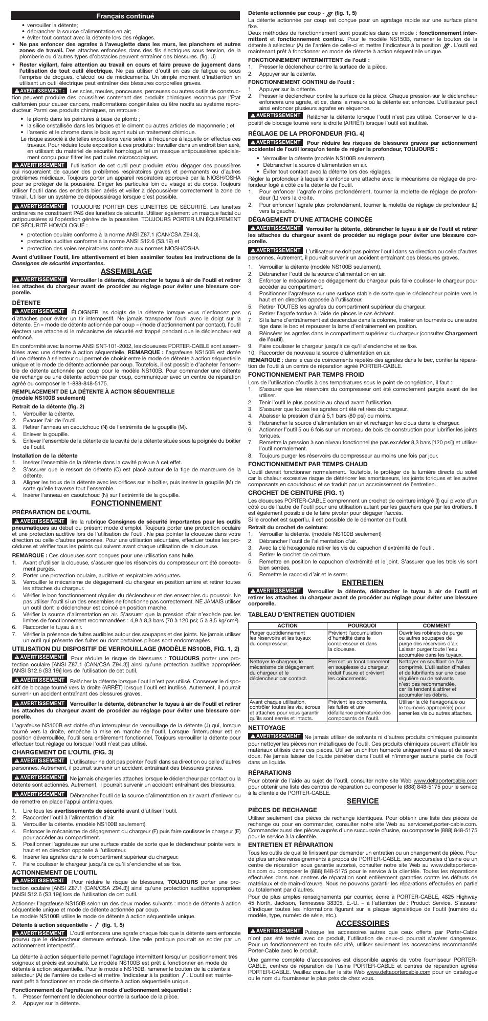 Assemblage, Fonctionnement, Entretien | Service, Accessoires | Porter-Cable NS100B User Manual | Page 4 / 7