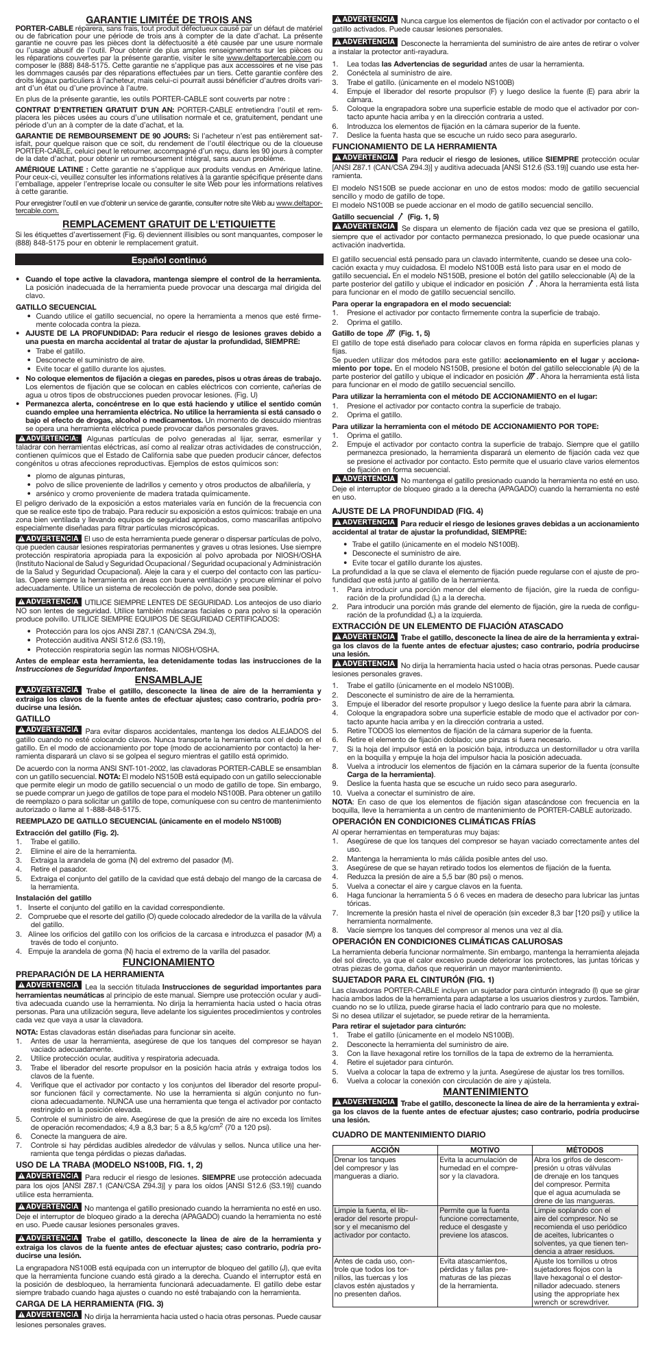 Garantie limitée de trois ans, Remplacement gratuit de l'etiquiette, Ensamblaje | Funcionamiento, Mantenimiento | Porter-Cable NS100B User Manual | Page 5 / 7