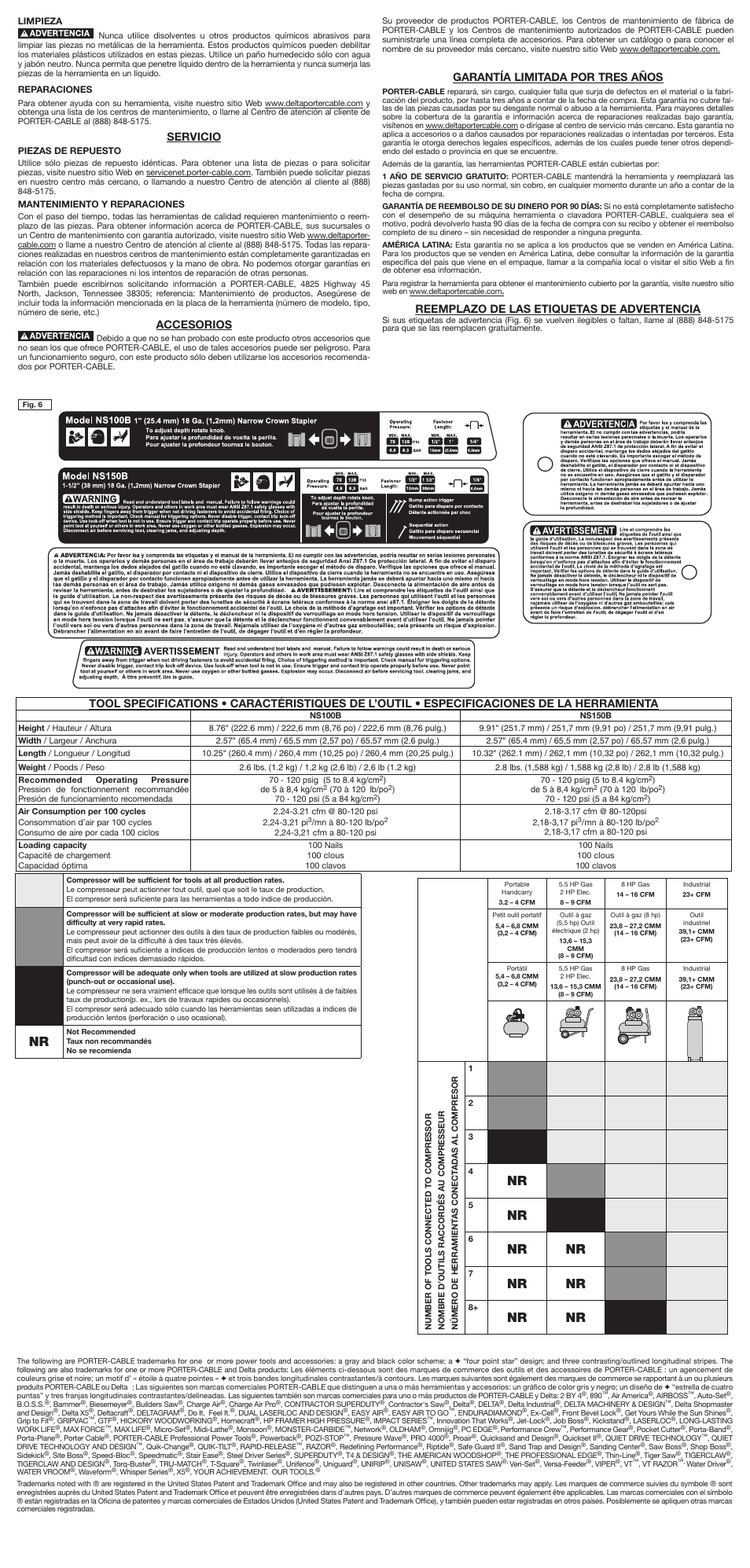 Servicio, Accesorios, Garantía limitada por tres años | Reemplazo de las etiquetas de advertencia | Porter-Cable NS100B User Manual | Page 6 / 7