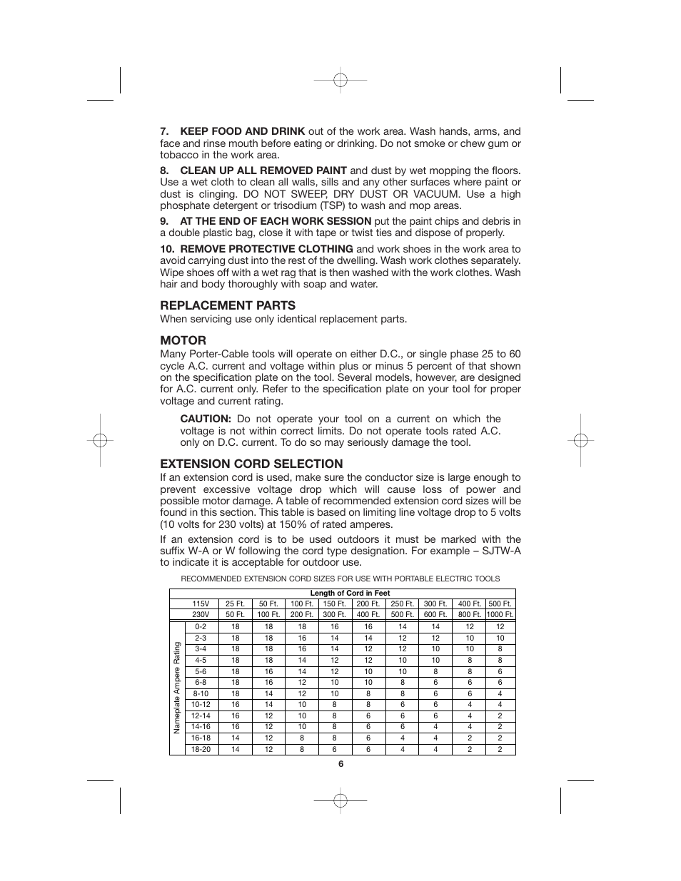 Replacement parts, Motor, Extension cord selection | Porter-Cable 333 User Manual | Page 6 / 14