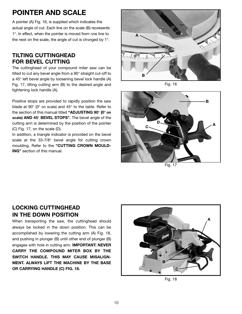 Pointer and scale, Tilting cuttinghead for bevel cutting, Locking cuttinghead in the down position | Porter-Cable 36-225 User Manual | Page 10 / 21