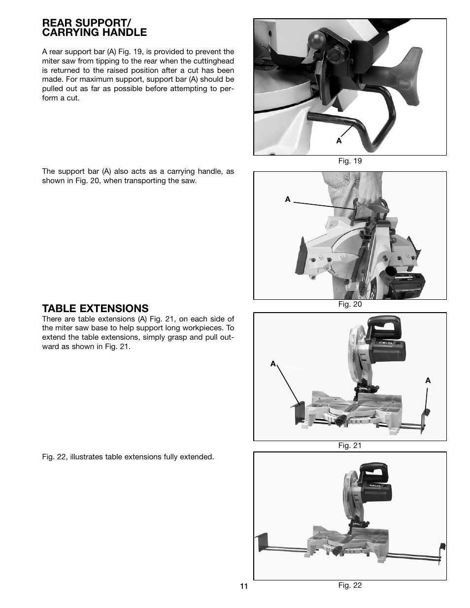 Rear support/ carrying handle, Table extensions | Porter-Cable 36-225 User Manual | Page 11 / 21