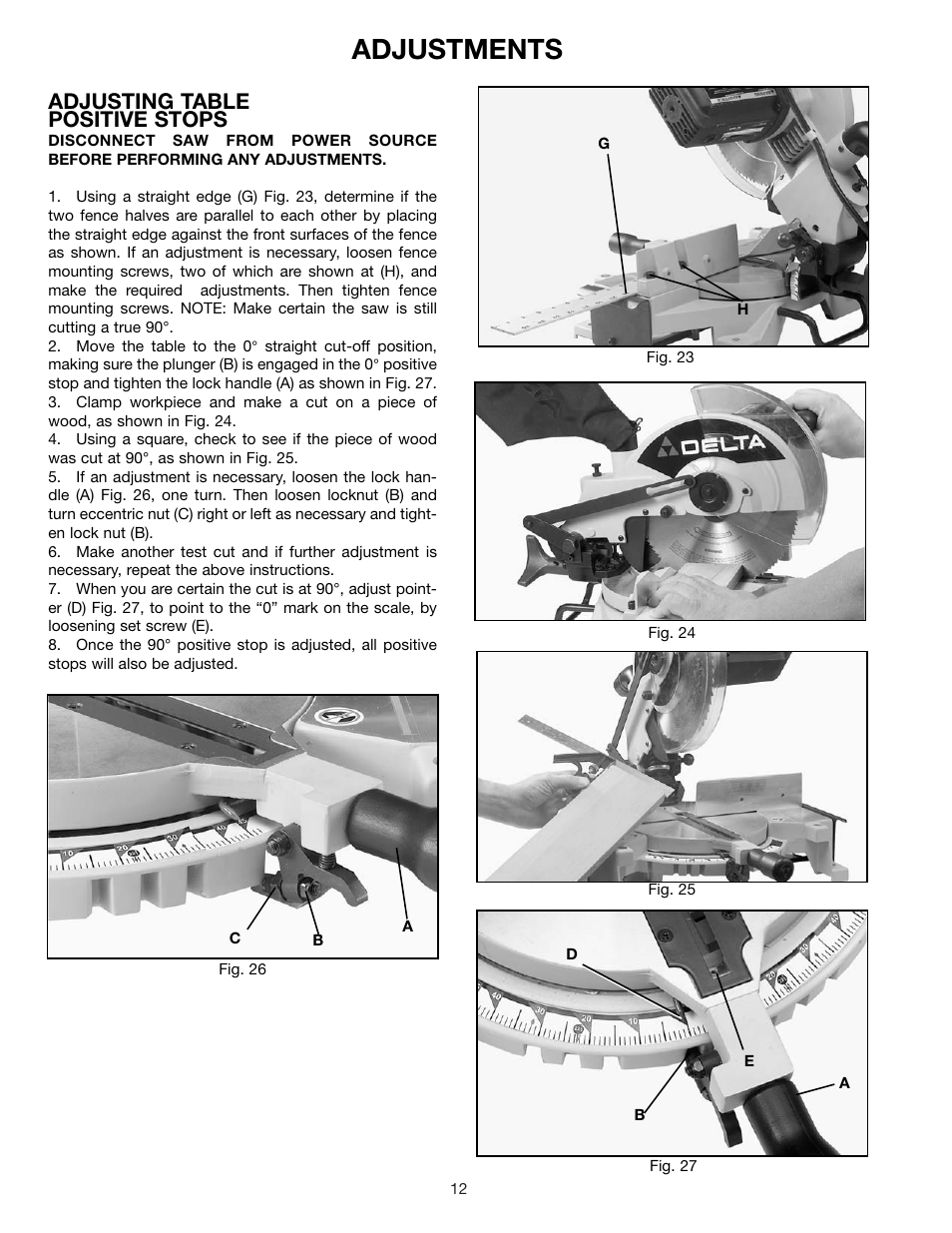 Adjustments, Adjusting table positive stops | Porter-Cable 36-225 User Manual | Page 12 / 21