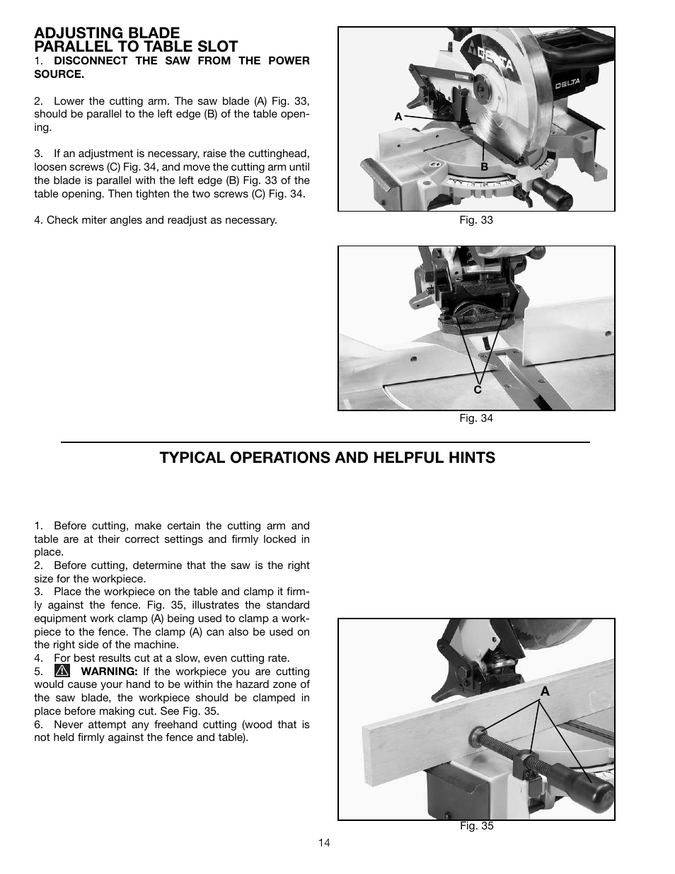 Typical operations and helpful hints, Adjusting blade parallel to table slot | Porter-Cable 36-225 User Manual | Page 14 / 21