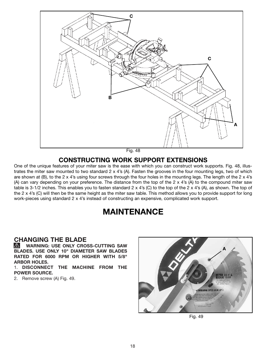 Maintenance, Changing the blade, Constructing work support extensions | Porter-Cable 36-225 User Manual | Page 18 / 21