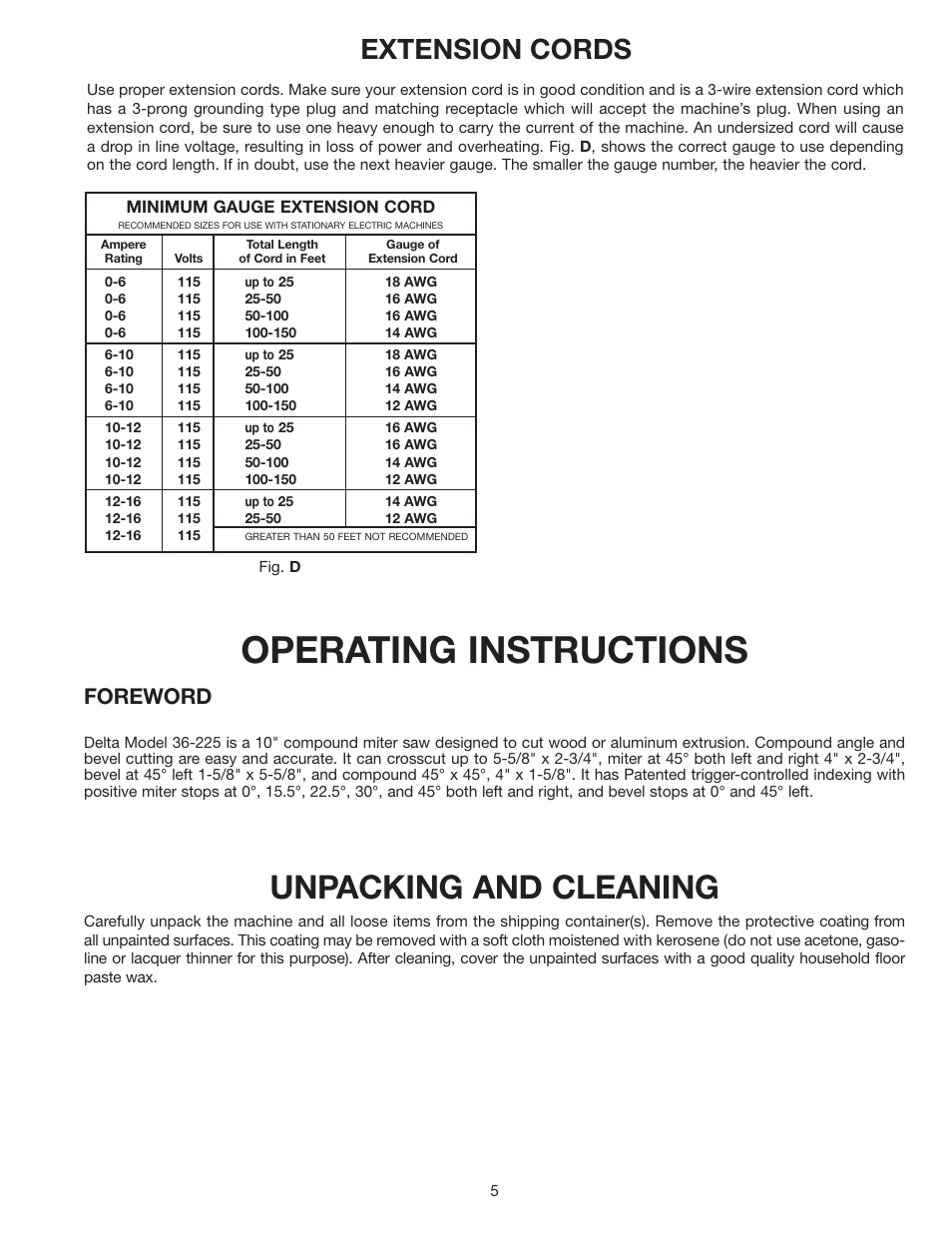 Operating instructions, Unpacking and cleaning, Extension cords | Foreword | Porter-Cable 36-225 User Manual | Page 5 / 21