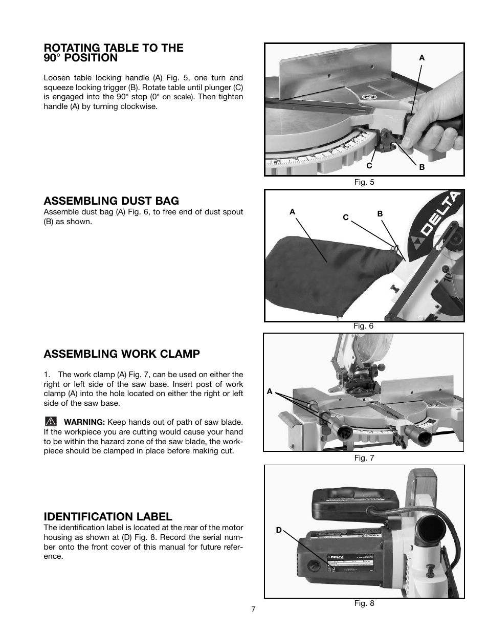 Rotating table to the 90° position, Assembling dust bag, Assembling work clamp | Identification label | Porter-Cable 36-225 User Manual | Page 7 / 21