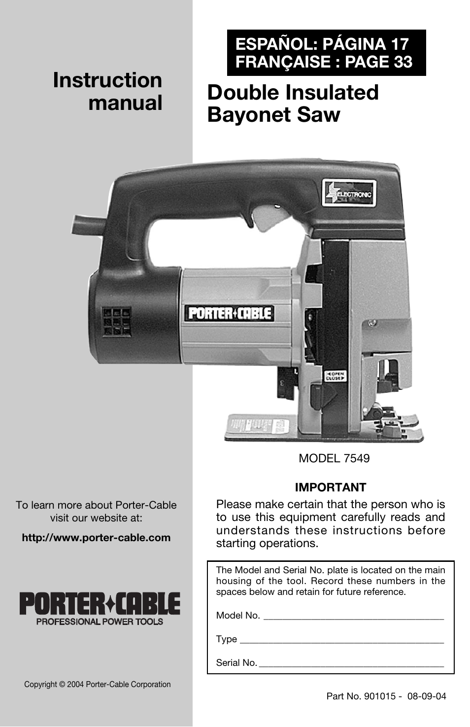 Porter-Cable 7549 User Manual | 17 pages