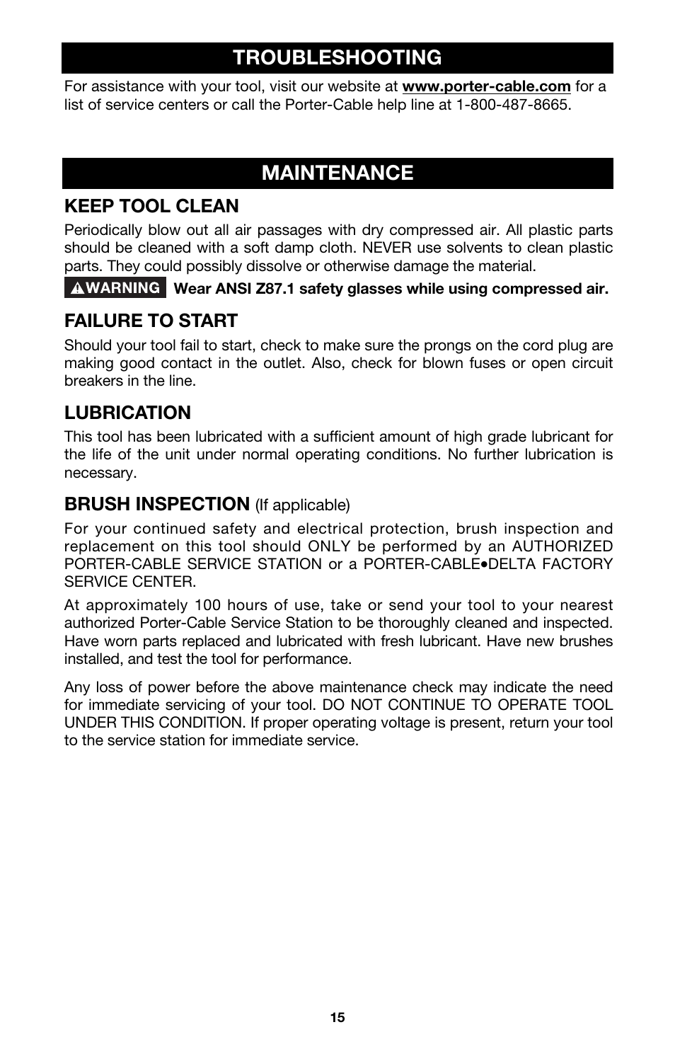 Maintenance troubleshooting | Porter-Cable 7549 User Manual | Page 15 / 17