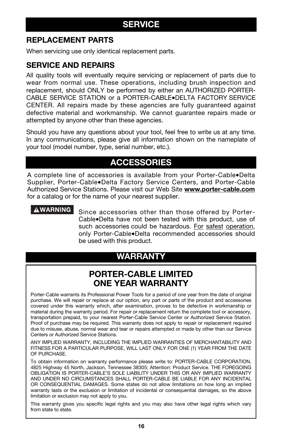 Porter-cable limited one year warranty, Warranty accessories, Service | Replacement parts, Service and repairs | Porter-Cable 7549 User Manual | Page 16 / 17