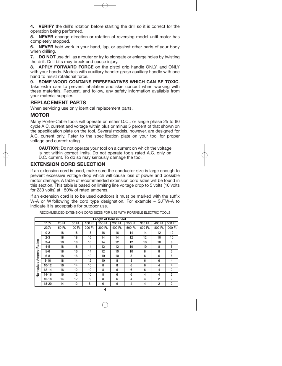 Replacement parts, Motor, Extension cord selection | Porter-Cable 2620 User Manual | Page 4 / 13