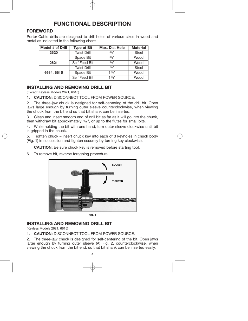 Functional description, Foreword, Installing and removing drill bit | Porter-Cable 2620 User Manual | Page 5 / 13