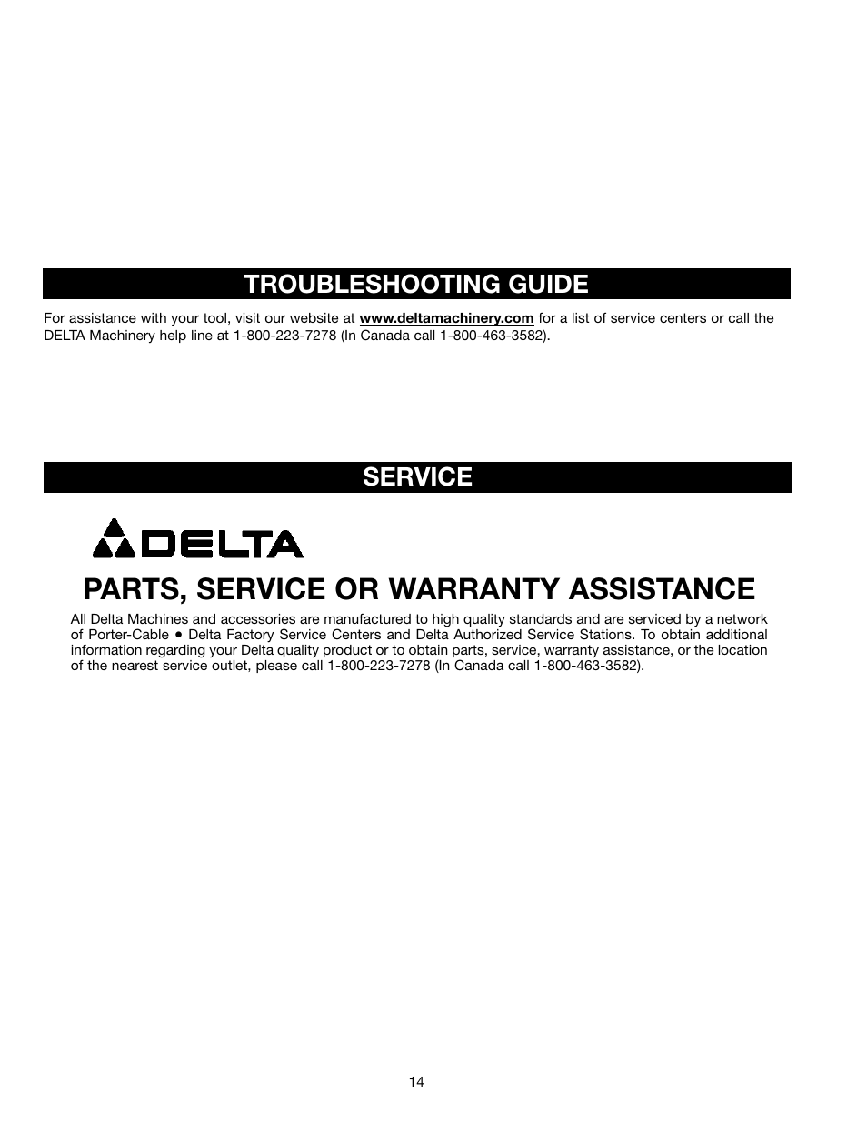 Parts, service or warranty assistance, Troubleshooting guide, Service | Porter-Cable Jig Saw User Manual | Page 14 / 16