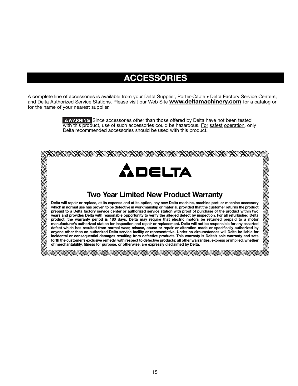 Accessories, Two year limited new product warranty | Porter-Cable Jig Saw User Manual | Page 15 / 16