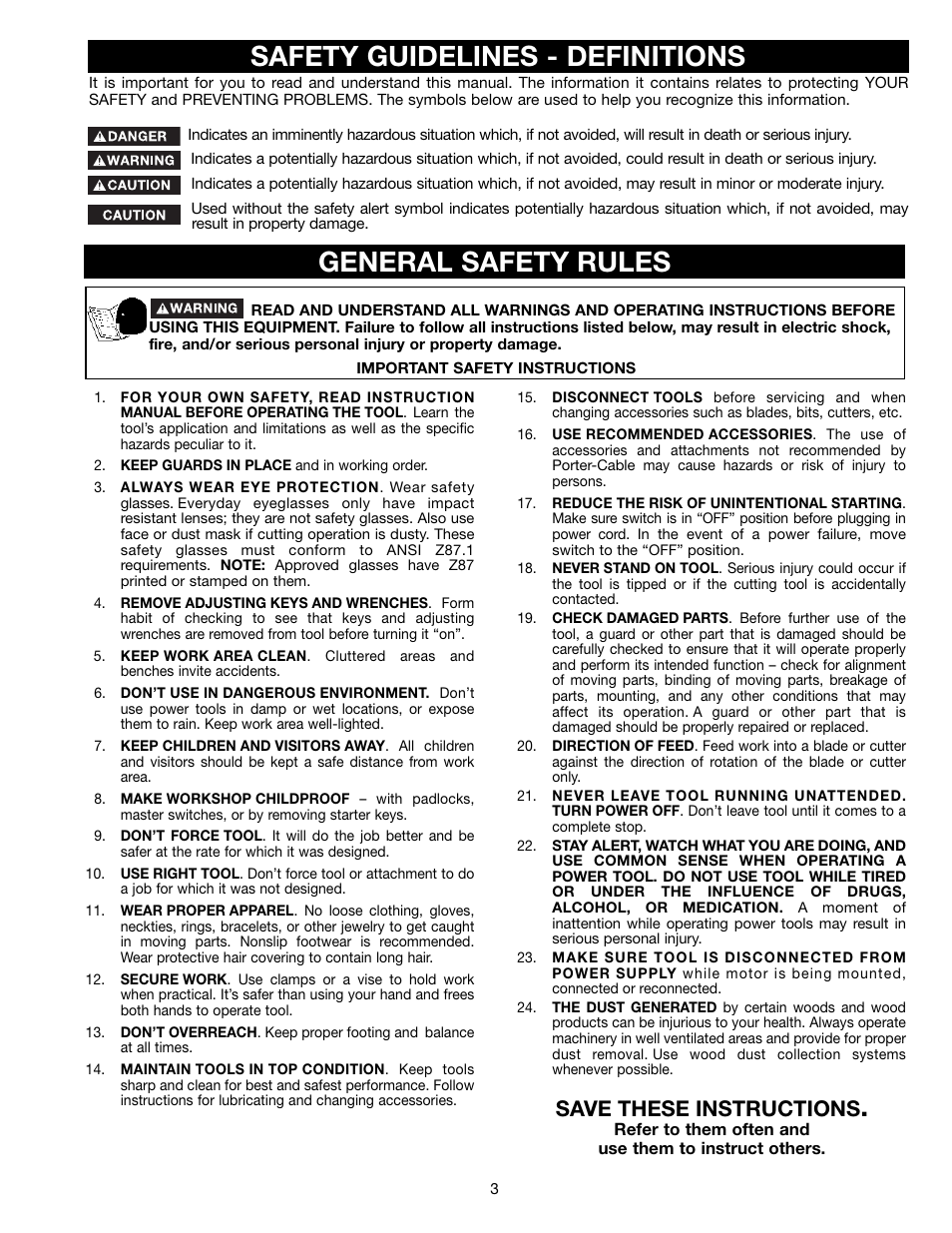 Save these instructions | Porter-Cable Jig Saw User Manual | Page 3 / 16