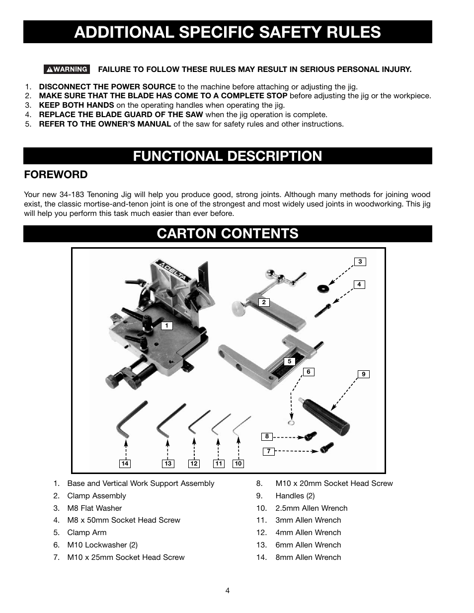 Additional specific safety rules, Functional description, Carton contents | Foreword | Porter-Cable Jig Saw User Manual | Page 4 / 16