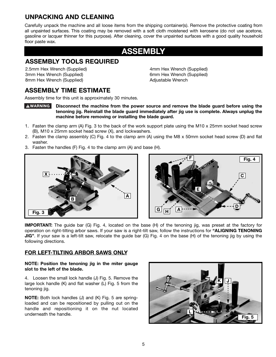 Assembly, Unpacking and cleaning, Assembly tools required assembly time estimate | Porter-Cable Jig Saw User Manual | Page 5 / 16