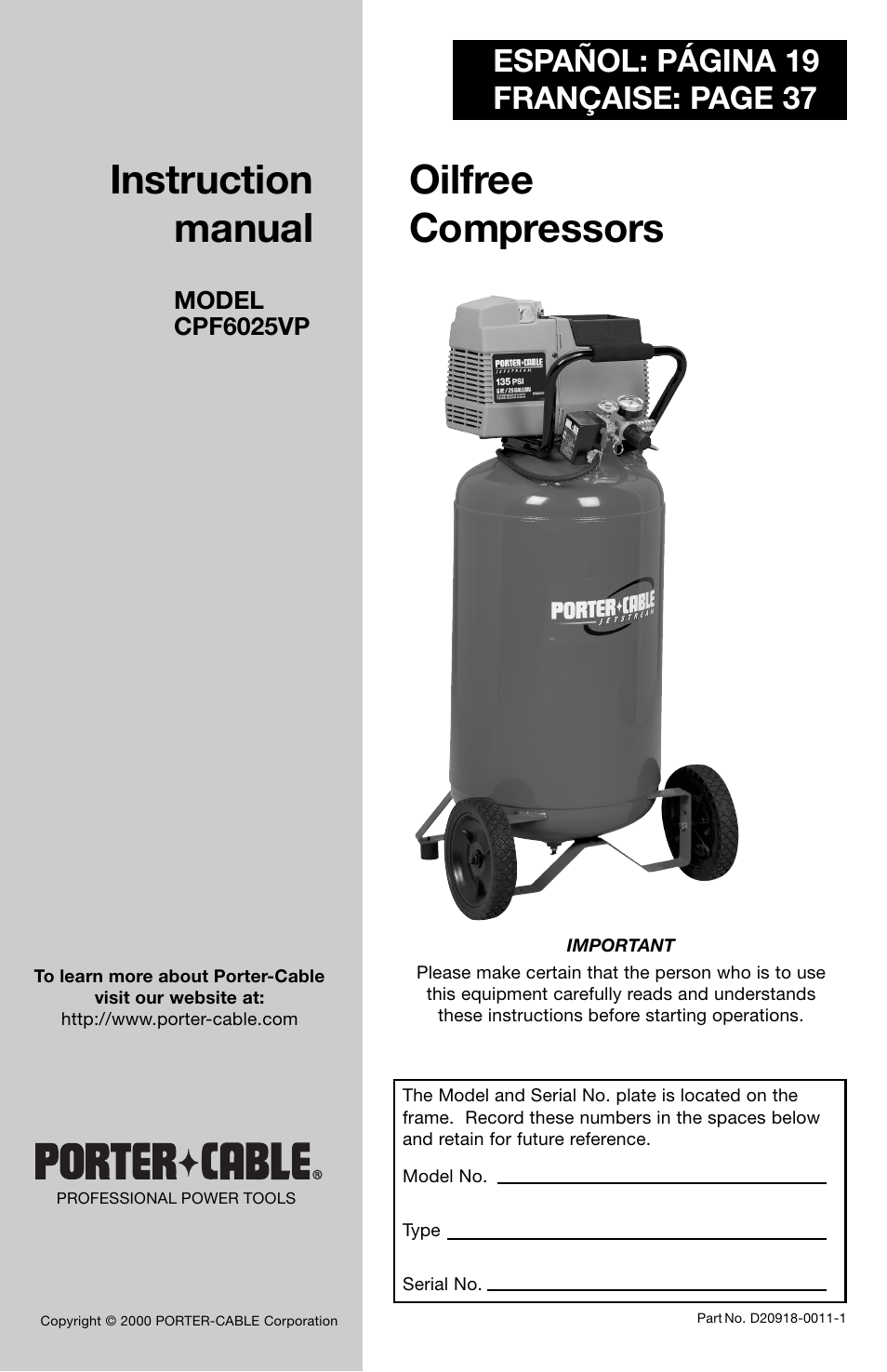 Porter-Cable CPF6025VP User Manual | 56 pages