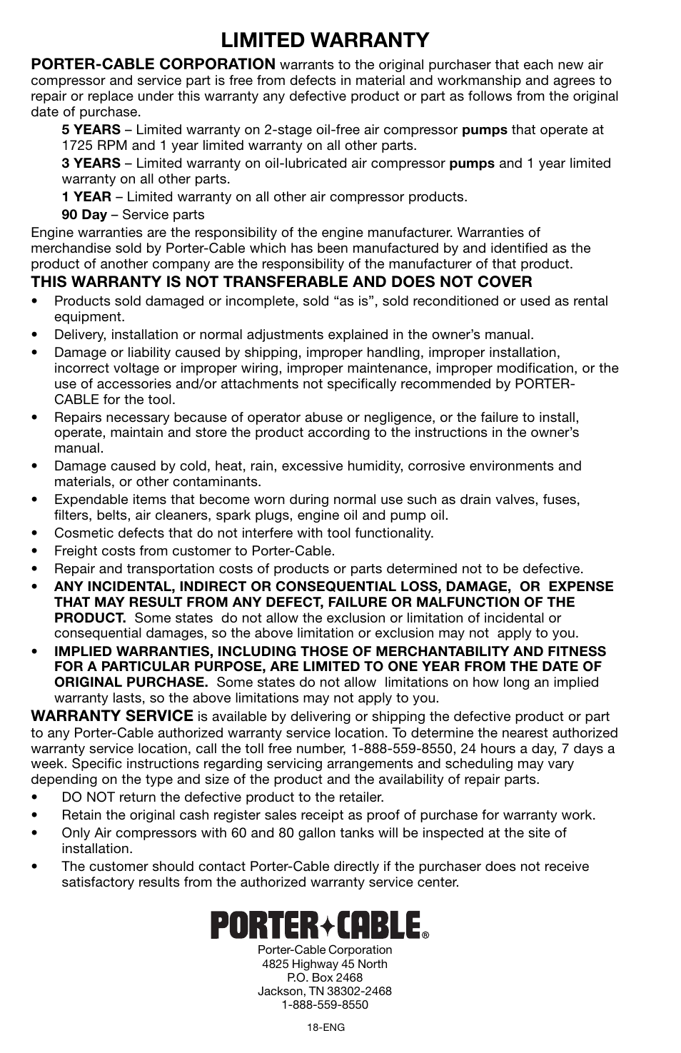 Limited warranty | Porter-Cable CPF6025VP User Manual | Page 18 / 56