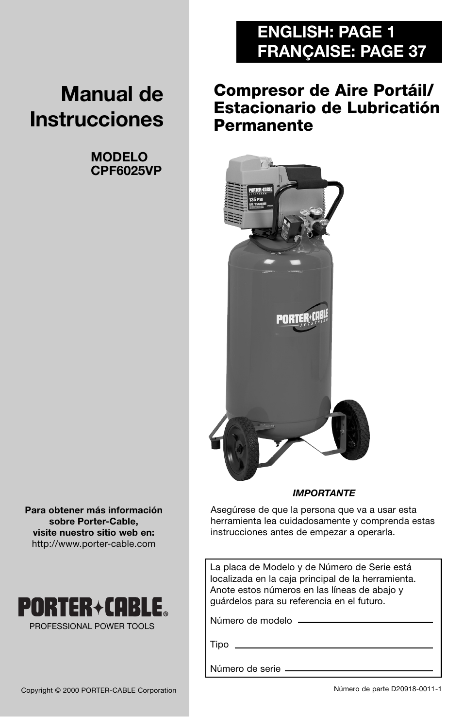 Manual de instrucciones, English: page 1 française: page 37 | Porter-Cable CPF6025VP User Manual | Page 19 / 56
