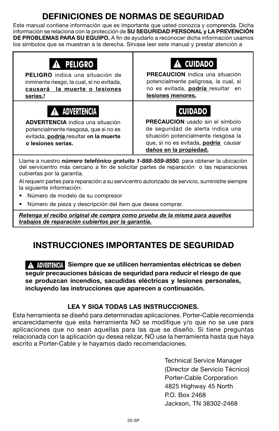 Instrucciones importantes de seguridad, Definiciones de normas de seguridad | Porter-Cable CPF6025VP User Manual | Page 20 / 56