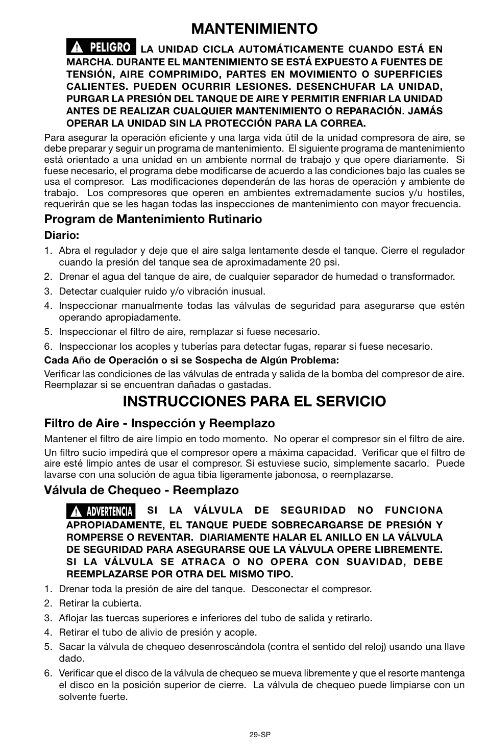 Mantenimiento, Instrucciones para el servicio, Program de mantenimiento rutinario | Filtro de aire - inspección y reemplazo, Válvula de chequeo - reemplazo | Porter-Cable CPF6025VP User Manual | Page 29 / 56