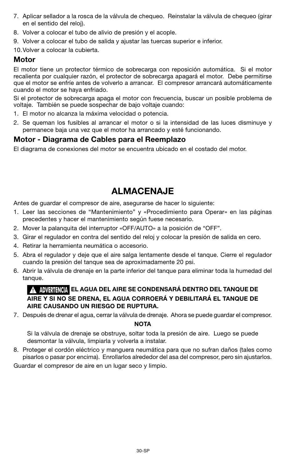 Almacenaje, Motor, Motor - diagrama de cables para el reemplazo | Porter-Cable CPF6025VP User Manual | Page 30 / 56