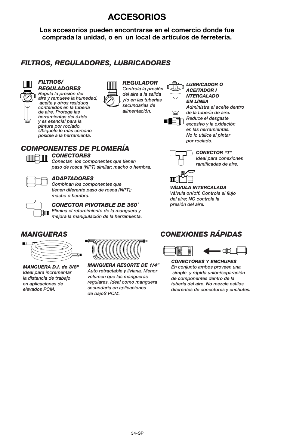 Accesorios, Filtros, reguladores, lubricadores, Conexiones rápidas | Mangueras, Componentes de plomería | Porter-Cable CPF6025VP User Manual | Page 34 / 56