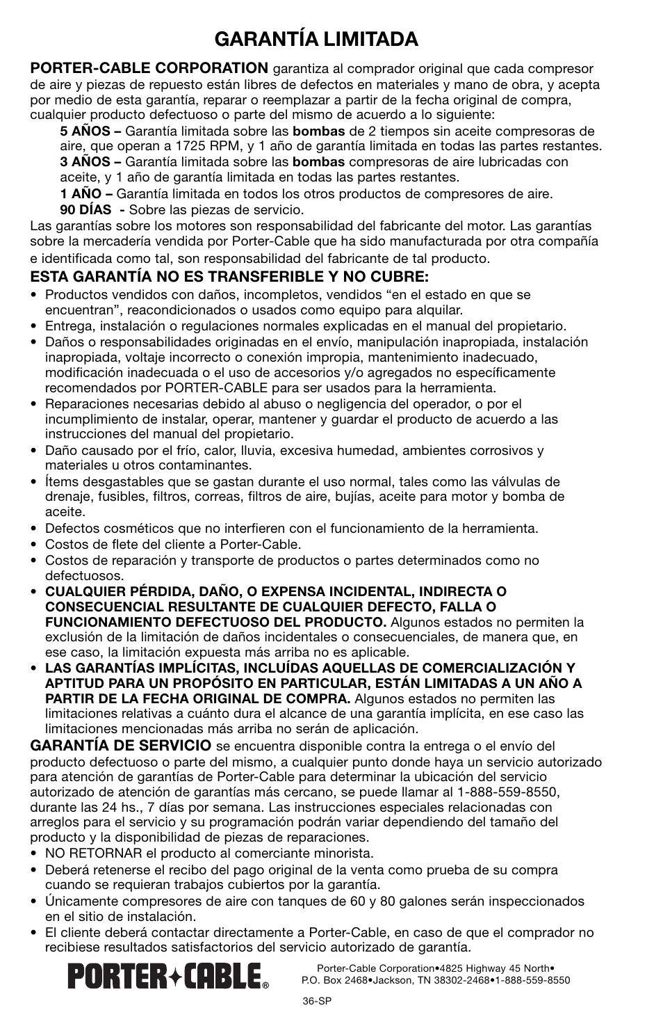 Garantía limitada | Porter-Cable CPF6025VP User Manual | Page 36 / 56