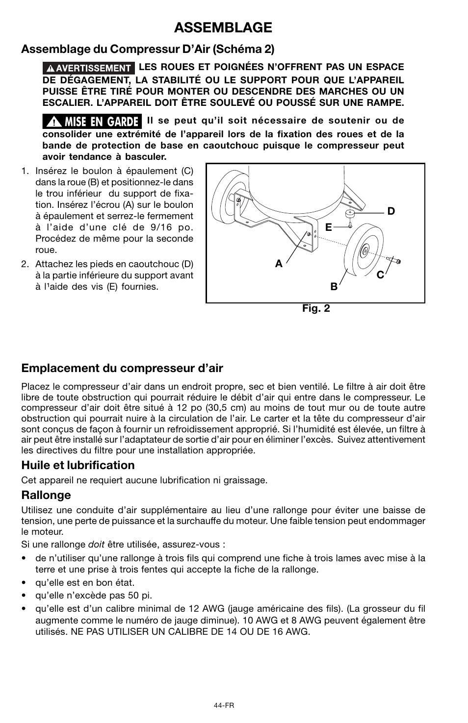 Assemblage, Assemblage du compressur d’air (schéma 2), Emplacement du compresseur d’air | Huile et lubrification, Rallonge | Porter-Cable CPF6025VP User Manual | Page 44 / 56