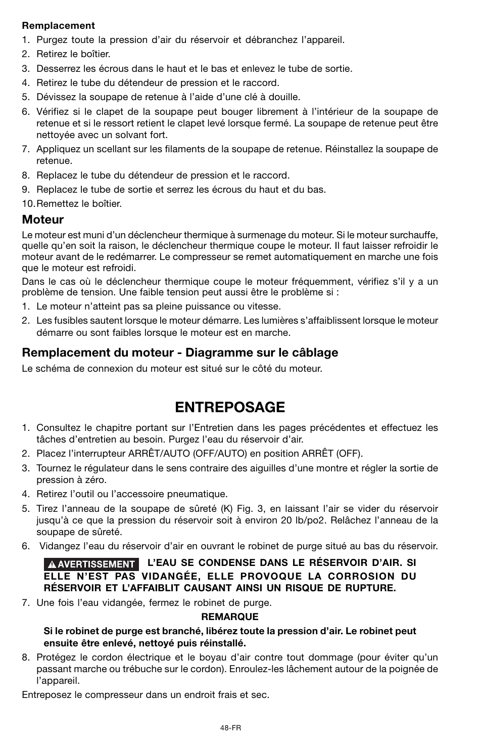 Entreposage, Moteur, Remplacement du moteur - diagramme sur le câblage | Porter-Cable CPF6025VP User Manual | Page 48 / 56