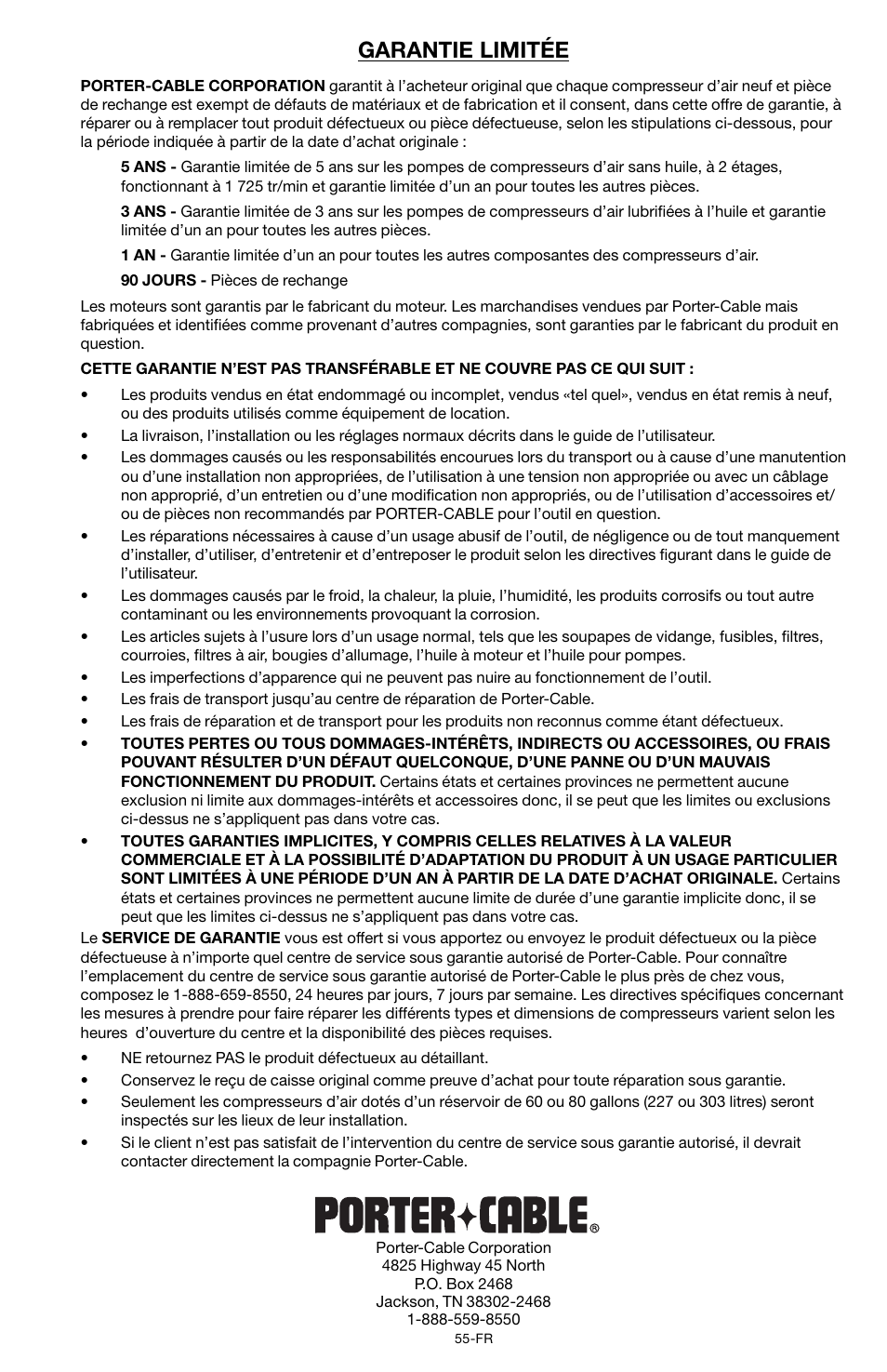 Garantie limitée | Porter-Cable CPF6025VP User Manual | Page 55 / 56