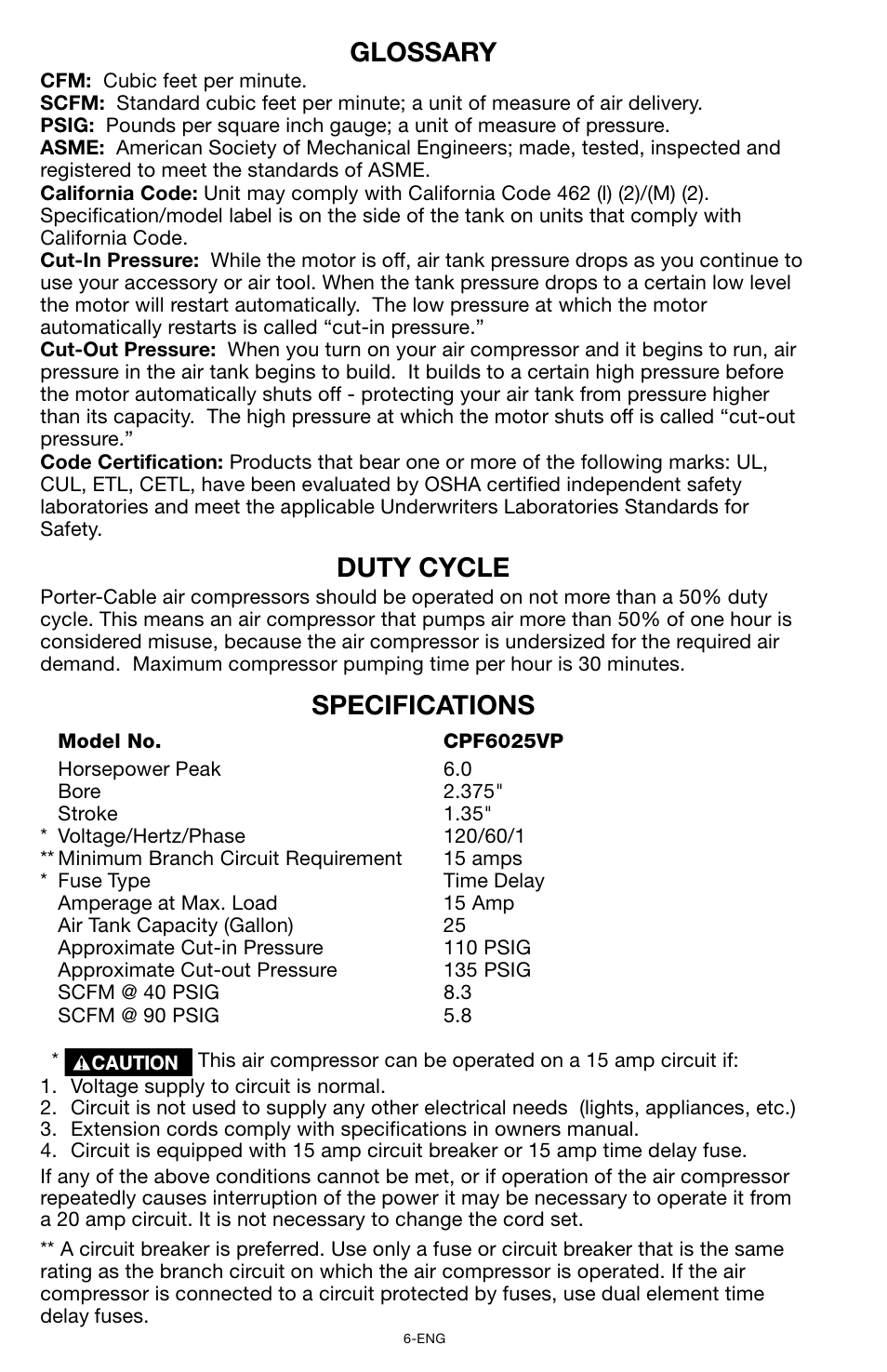 Glossary duty cycle specifications | Porter-Cable CPF6025VP User Manual | Page 6 / 56