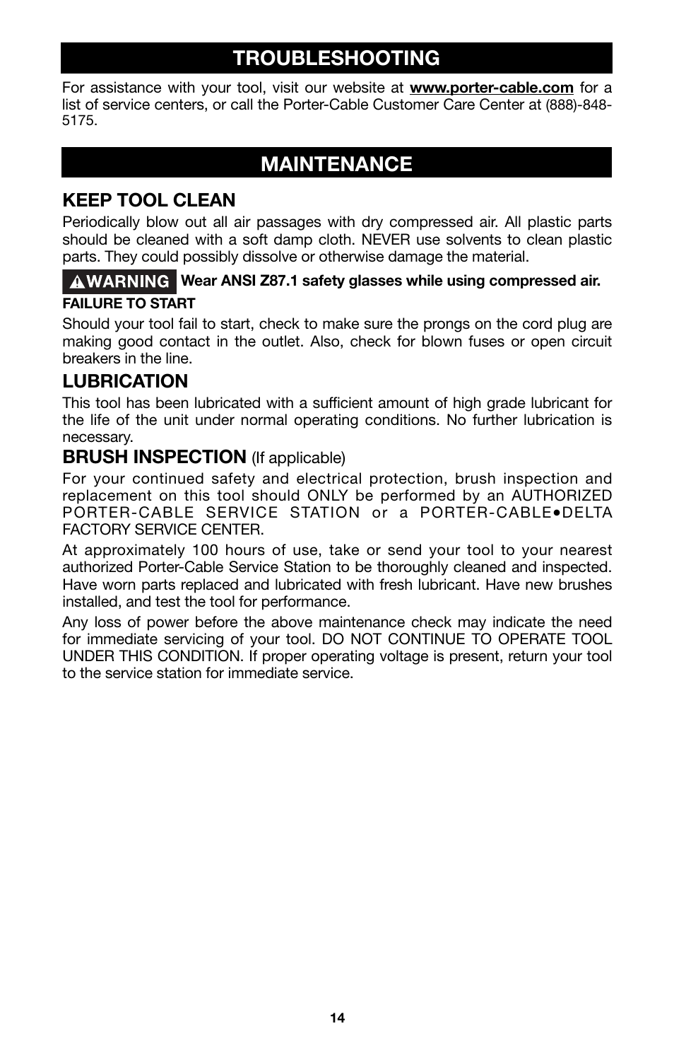 Maintenance, Troubleshooting, Keep tool clean | Lubrication, Brush inspection | Porter-Cable 741 User Manual | Page 14 / 16