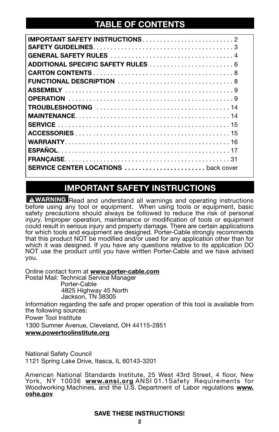 Table of contents important safety instructions | Porter-Cable 741 User Manual | Page 2 / 16