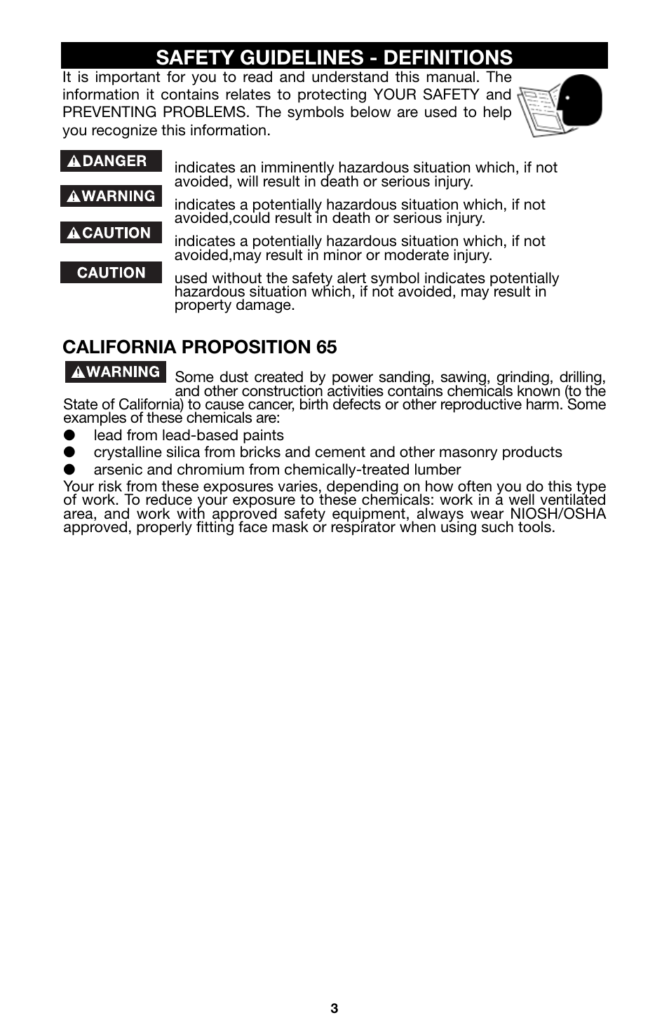 Safety guidelines - definitions, California proposition 65 | Porter-Cable 741 User Manual | Page 3 / 16