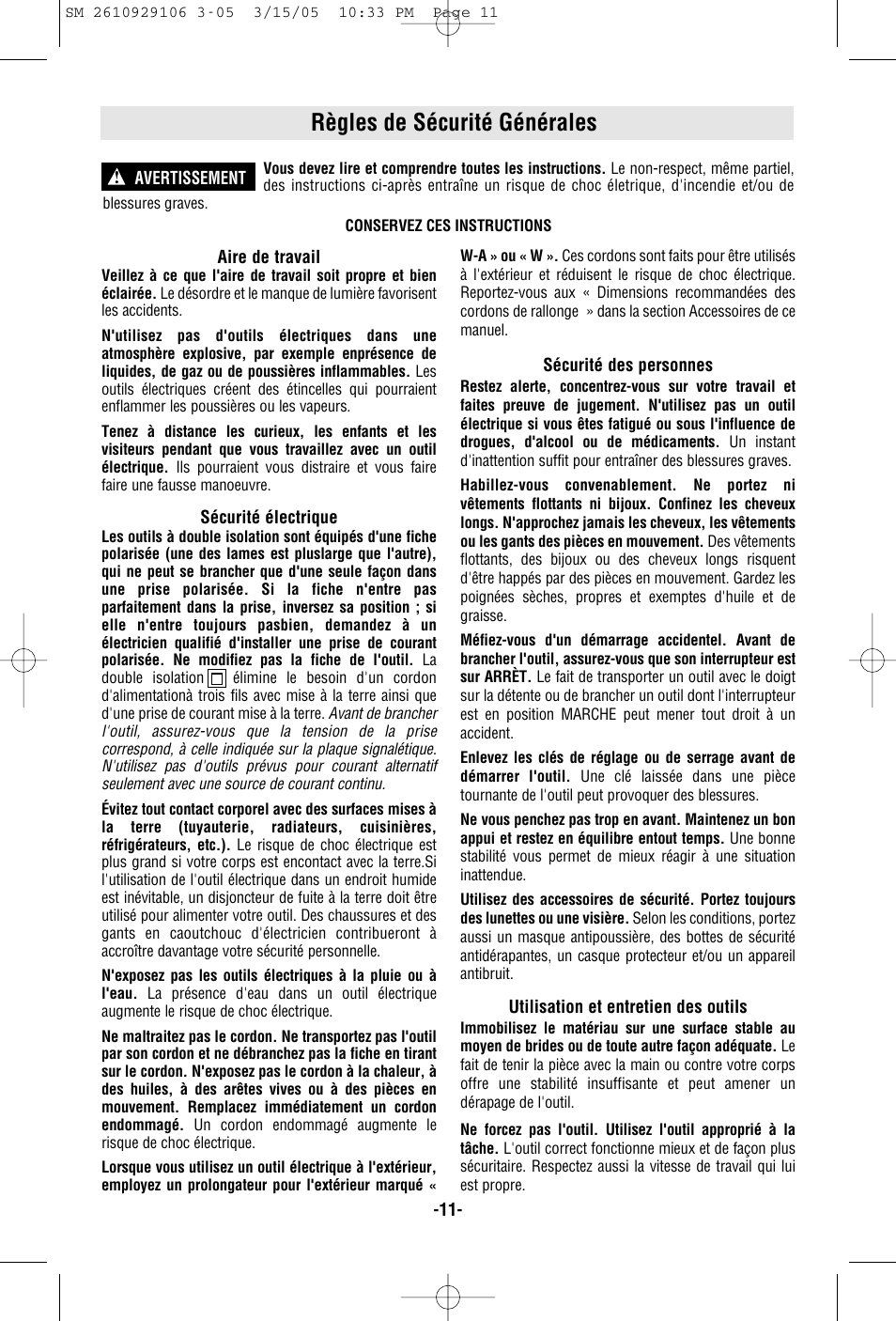 Règles de sécurité générales | Porter-Cable 7313 User Manual | Page 11 / 32