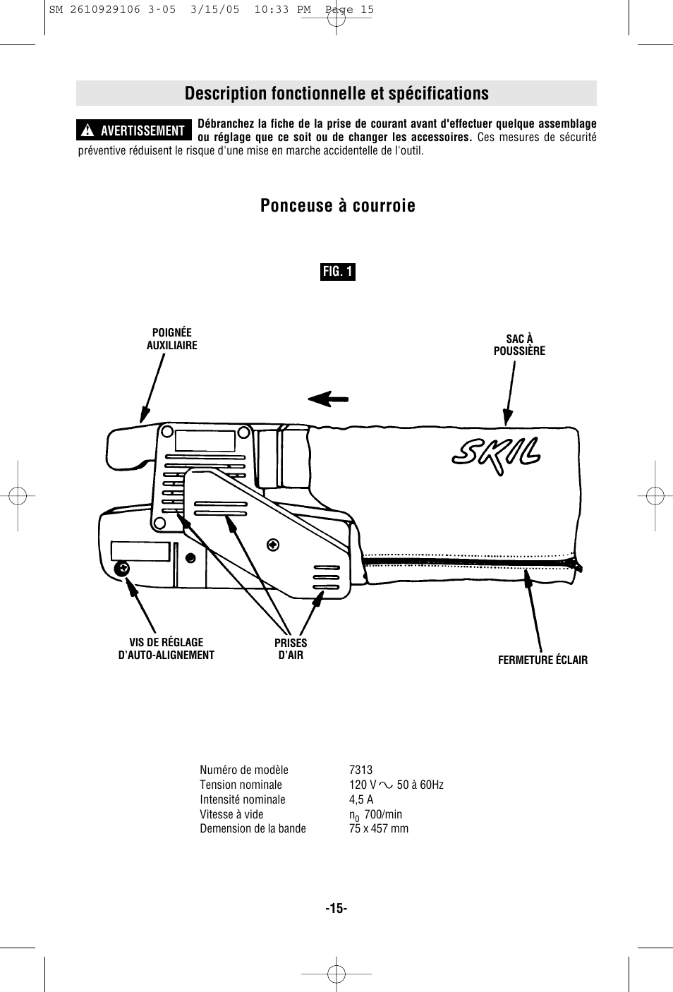 Description fonctionnelle et spécifications, Ponceuse à courroie | Porter-Cable 7313 User Manual | Page 15 / 32